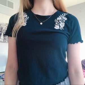 Hollister Floral Navy Blue Embroidered Short Sleeve Top